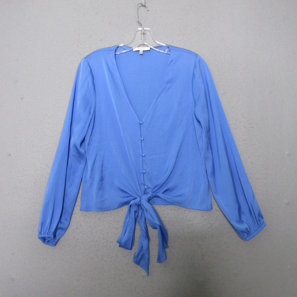 Milly Top S Blue Silk Tie Front Quiet Luxury Minimalist Crop Date Night Designer